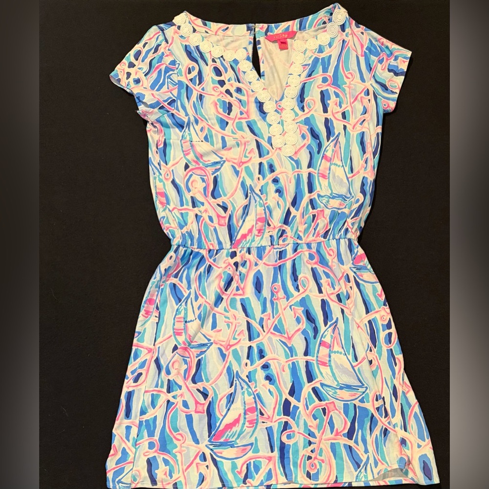 Lilly Pulitzer Reble Dress Romper Blue Reel Nauti Anchor Women’s Size M